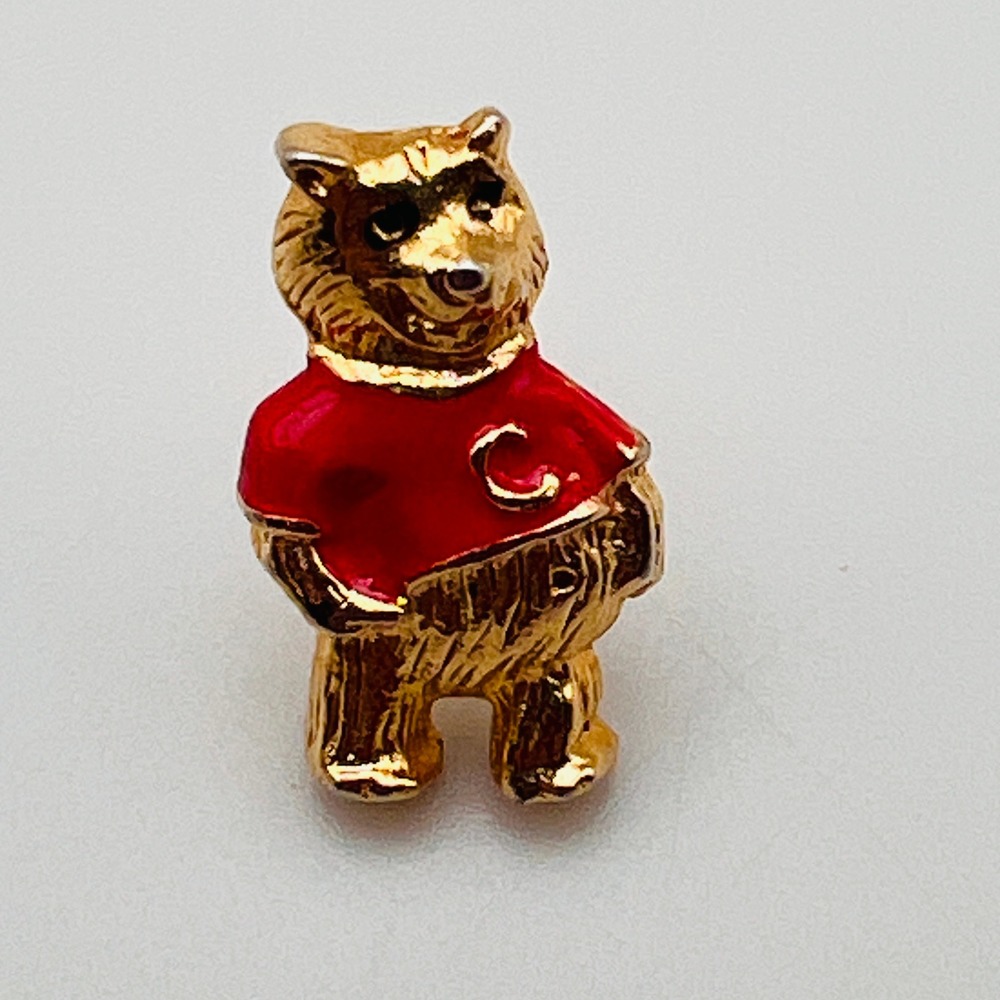 Vintage Bear Pin Red with Letter C Enamel Small Animal Lapel‎ Hat Pinback